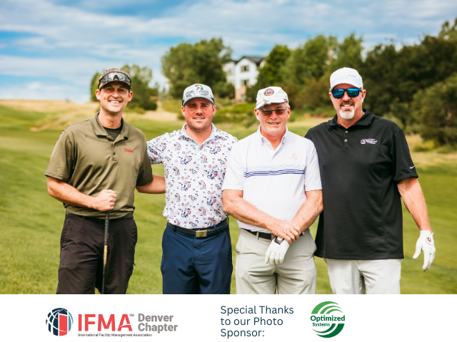 Four men on a golf course, smiling, posing for a photo. Blue sky, green grass. IFMA Denver Chapter logo at bottom.