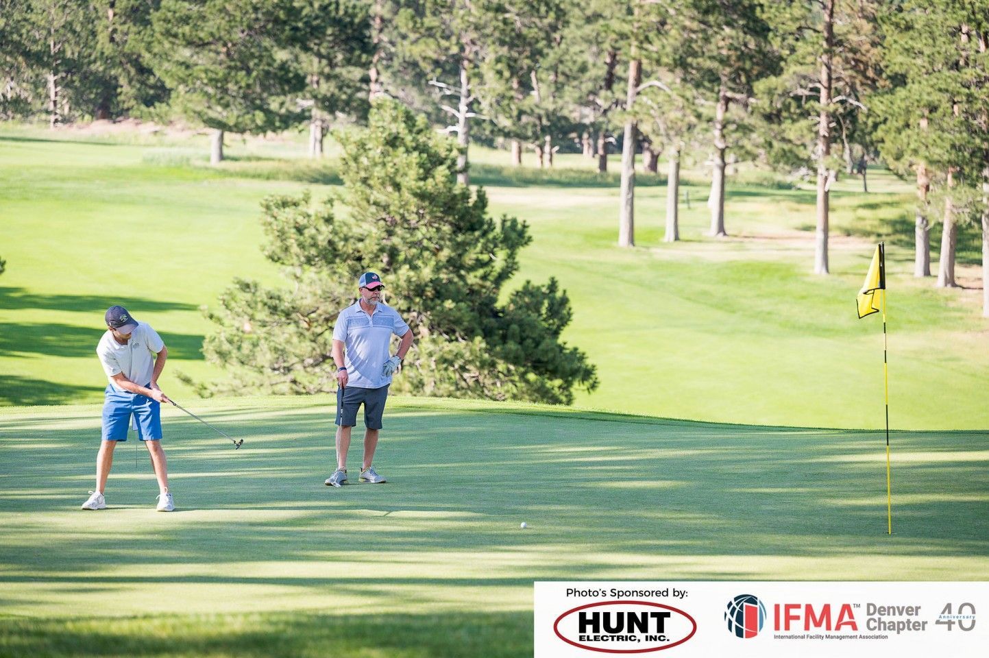 Two men golfing on a green course; one swings a club, the other watches.