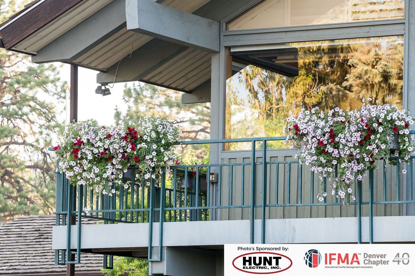 Balcony with overflowing flower baskets; blue-gray railing, building, trees in background.
