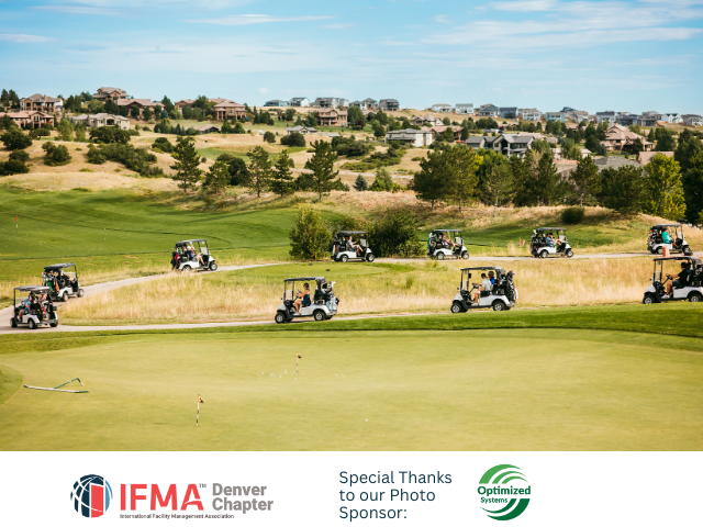 Golf carts on a green course, with houses and blue sky in the background. IFMA Denver Chapter logo at the bottom.