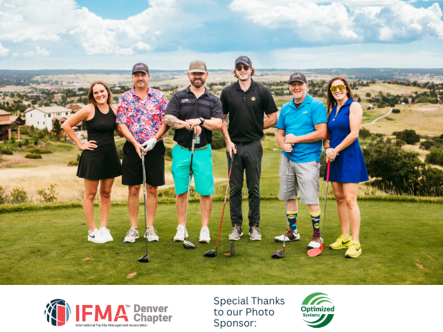 Group of golfers on a green field, smiling for the camera. Blue sky, landscape in the background. IFMA Denver Chapter logo.