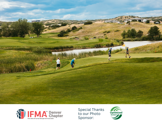 Golfers on a green, near a lake, under a blue sky. IFMA Denver Chapter logo and sponsor logo in lower corners.
