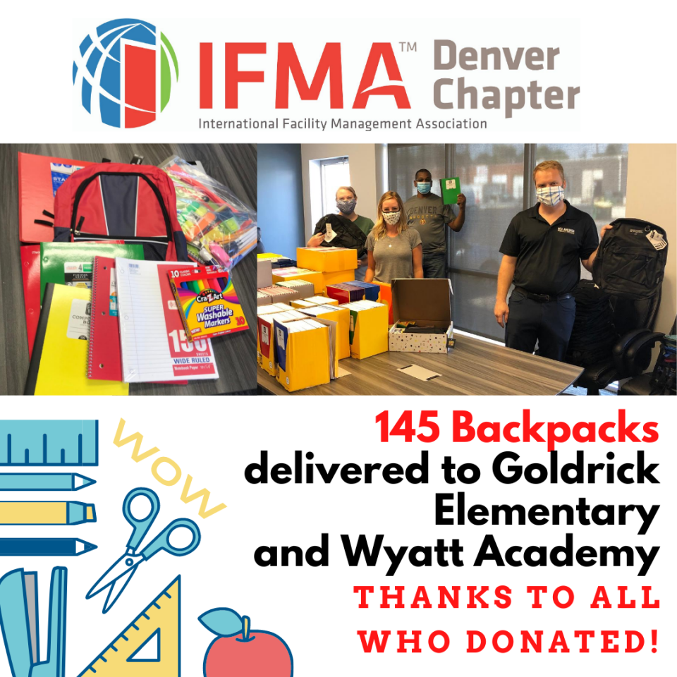 People delivering 145 backpacks to schools, with supplies, from IFMA Denver Chapter.