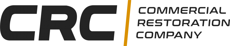Logo of CRC, Commercial Restoration Company. Dark gray bold letters and a gold vertical bar with text in black.