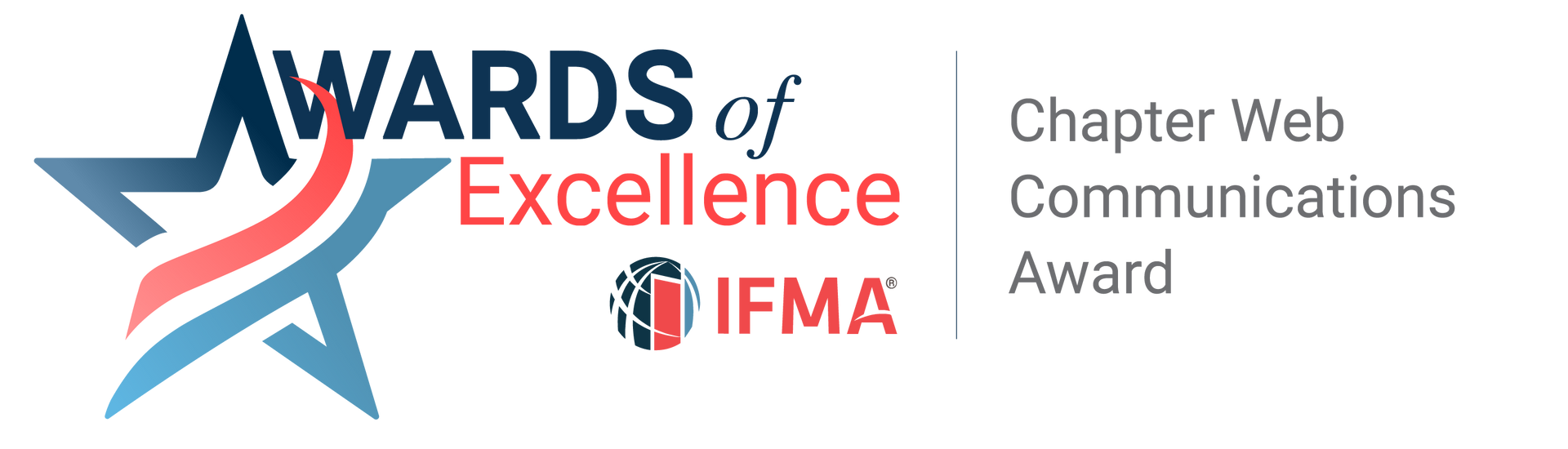 Awards of Excellence logo for Chapter Web Communications Award. Blue star, red and blue stripes, and IFMA logo.