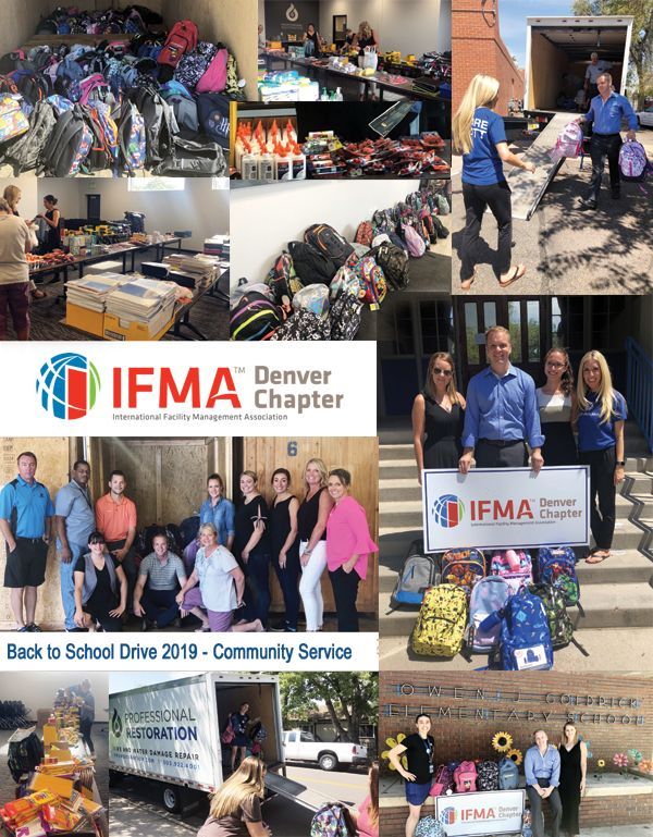 IFMA Denver Chapter volunteers organize and donate school supplies for back-to-school community service.