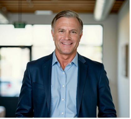 Man in blue blazer and shirt smiling, blurred office background.