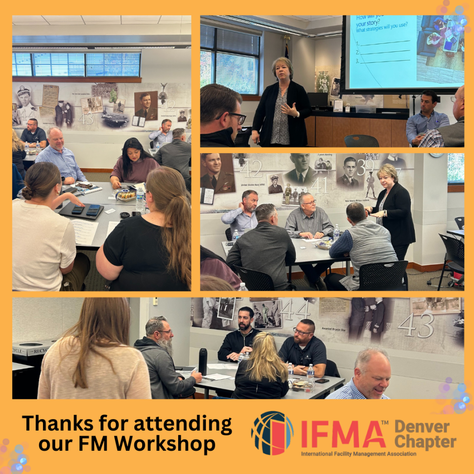 Workshop attendees in a room with a presentation, posters, and people at tables, with text