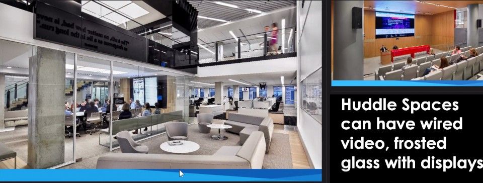 Modern office interior with open seating, meeting spaces, and a presentation hall. Text: 