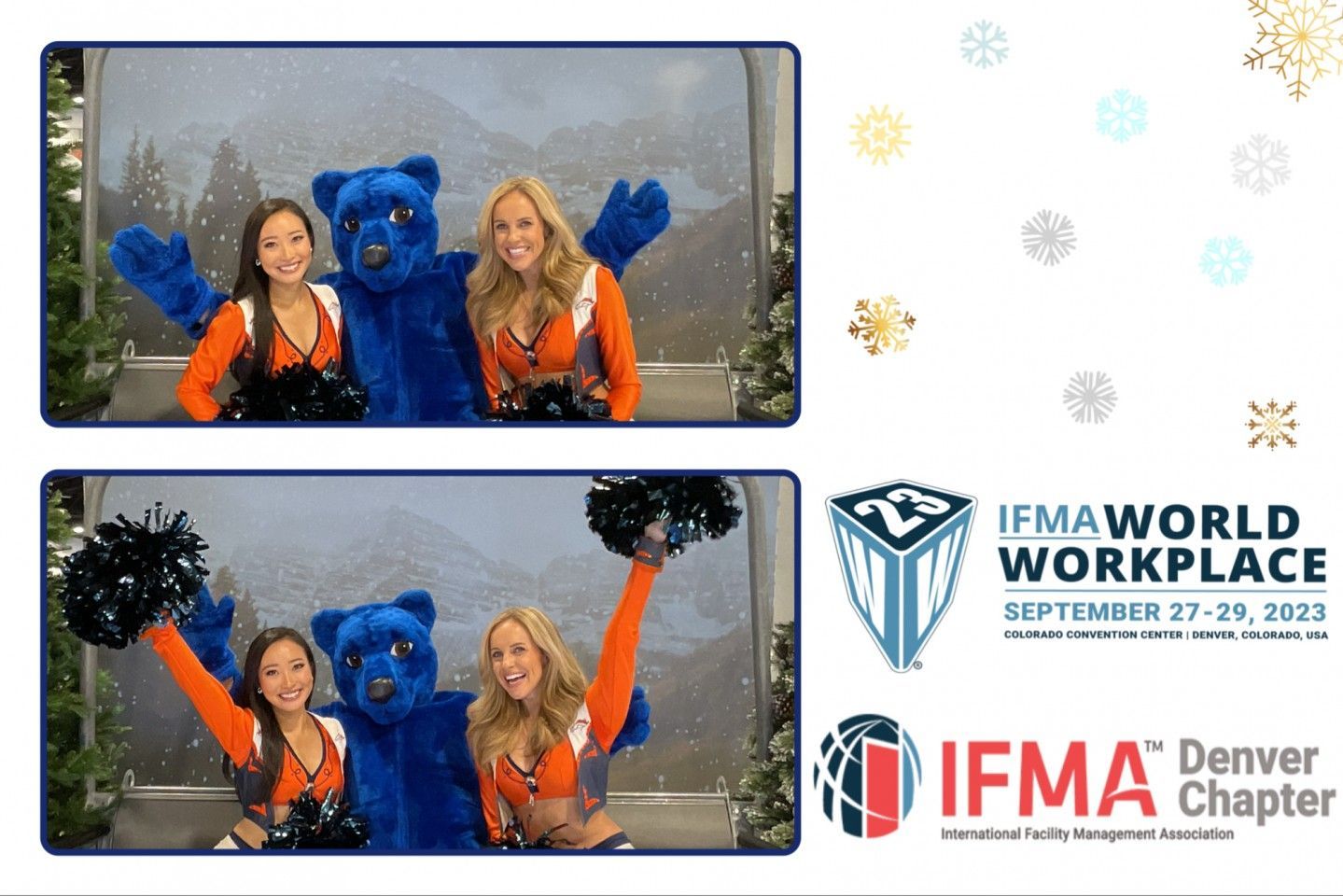 Two cheerleaders and a bear mascot in a snow-covered scene, promoting IFMA World Workplace event in Denver.
