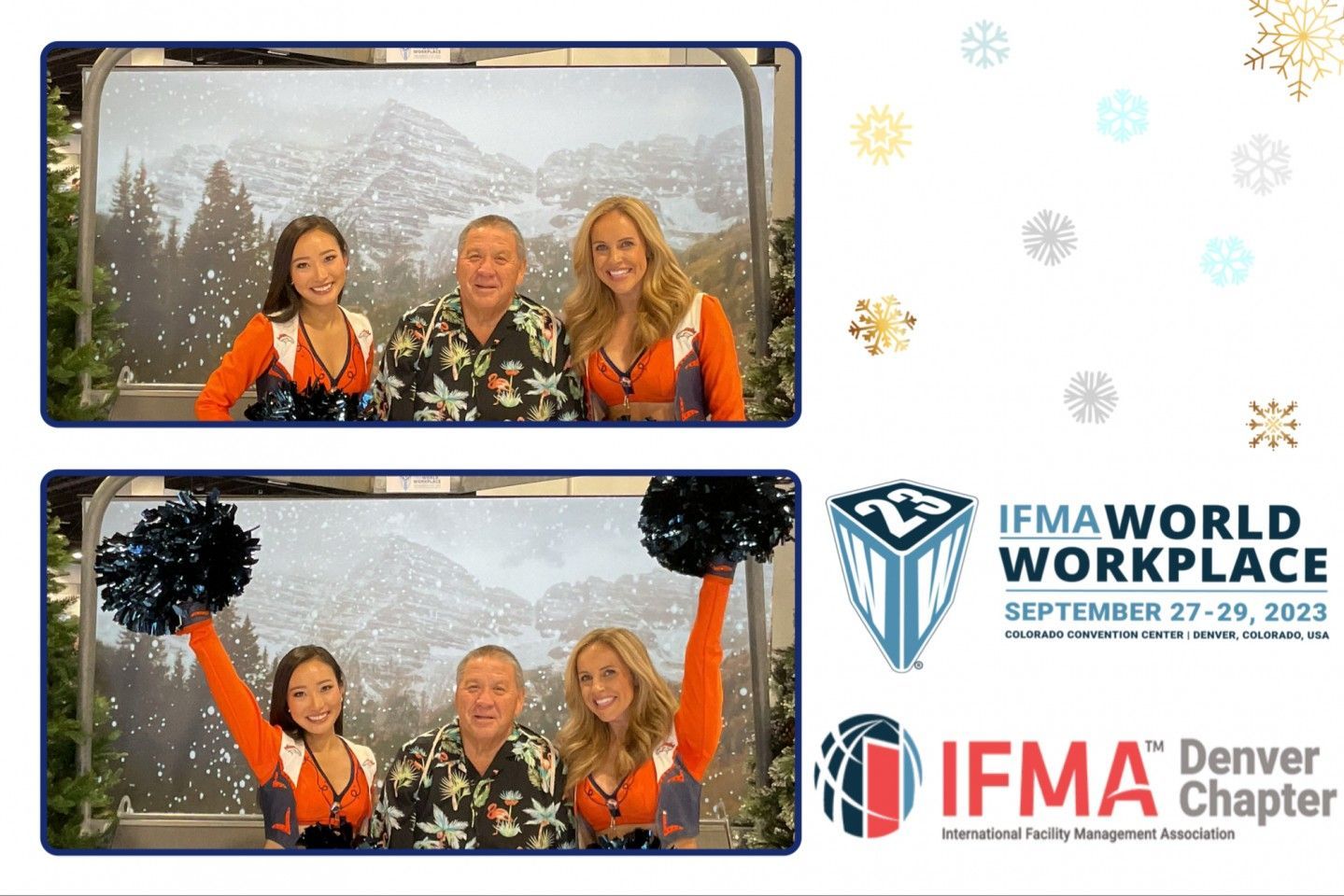 IFMA event photo booth: Cheerleaders with man, snow-covered mountain backdrop. Two photos, pom-poms raised in one.