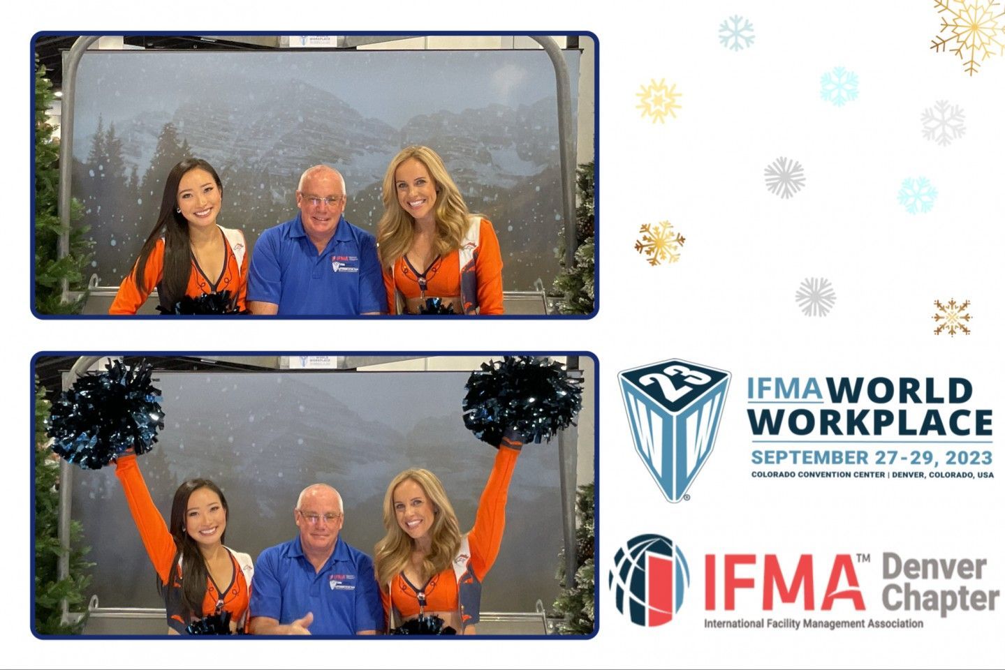 Two photos: man and two cheerleaders in Broncos attire, with event logos and falling snowflakes.