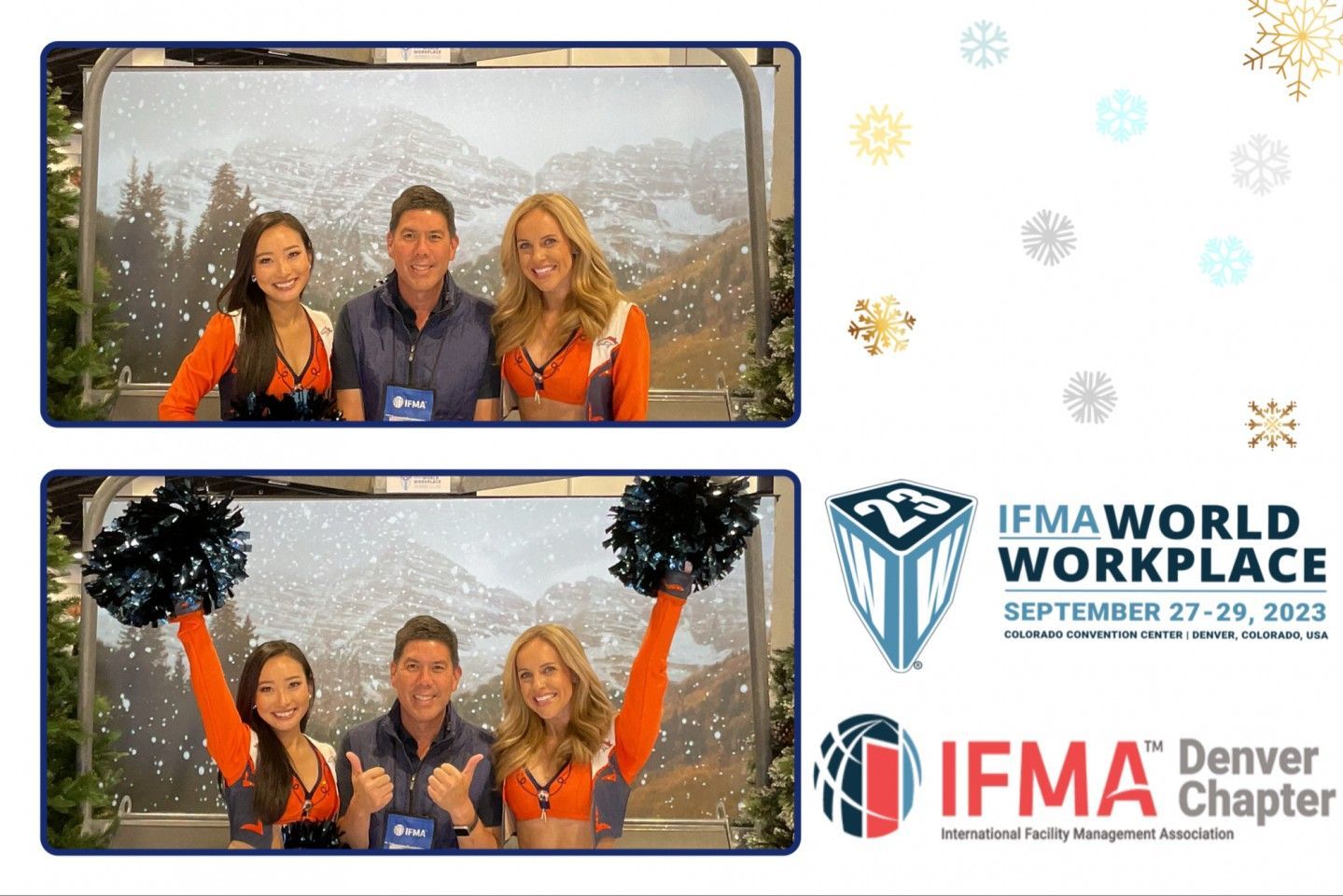 Photo booth images: Two cheerleaders, a man, snowy backdrop, IFMA World Workplace event, Denver chapter.