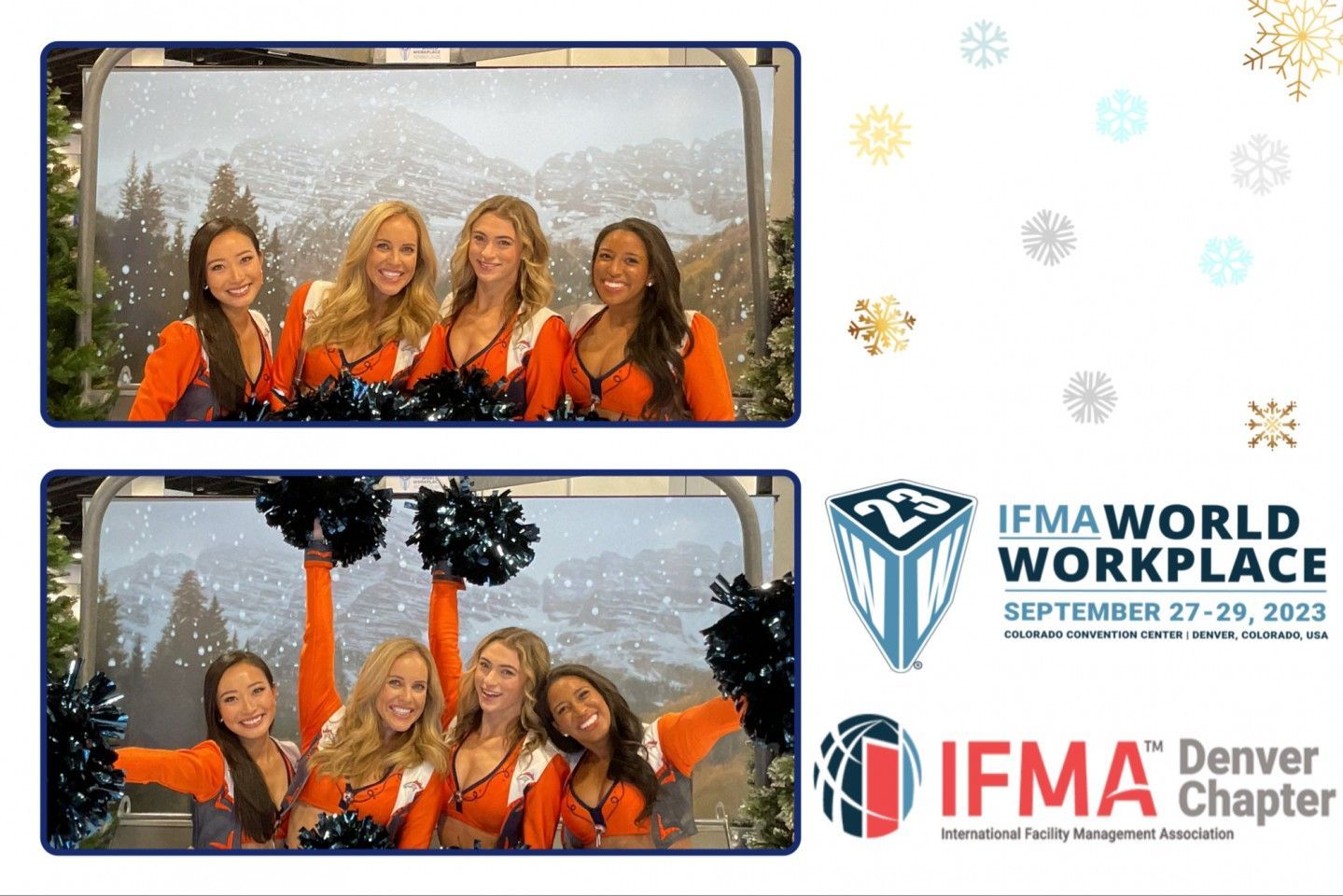 Two panels with women in orange outfits, snowy mountain backdrop, IFMA conference branding.