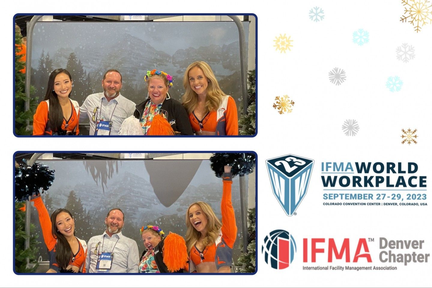 Two photo booth shots at IFMA World Workplace event. Four people with cheerleading props posing, snowy mountain backdrop.