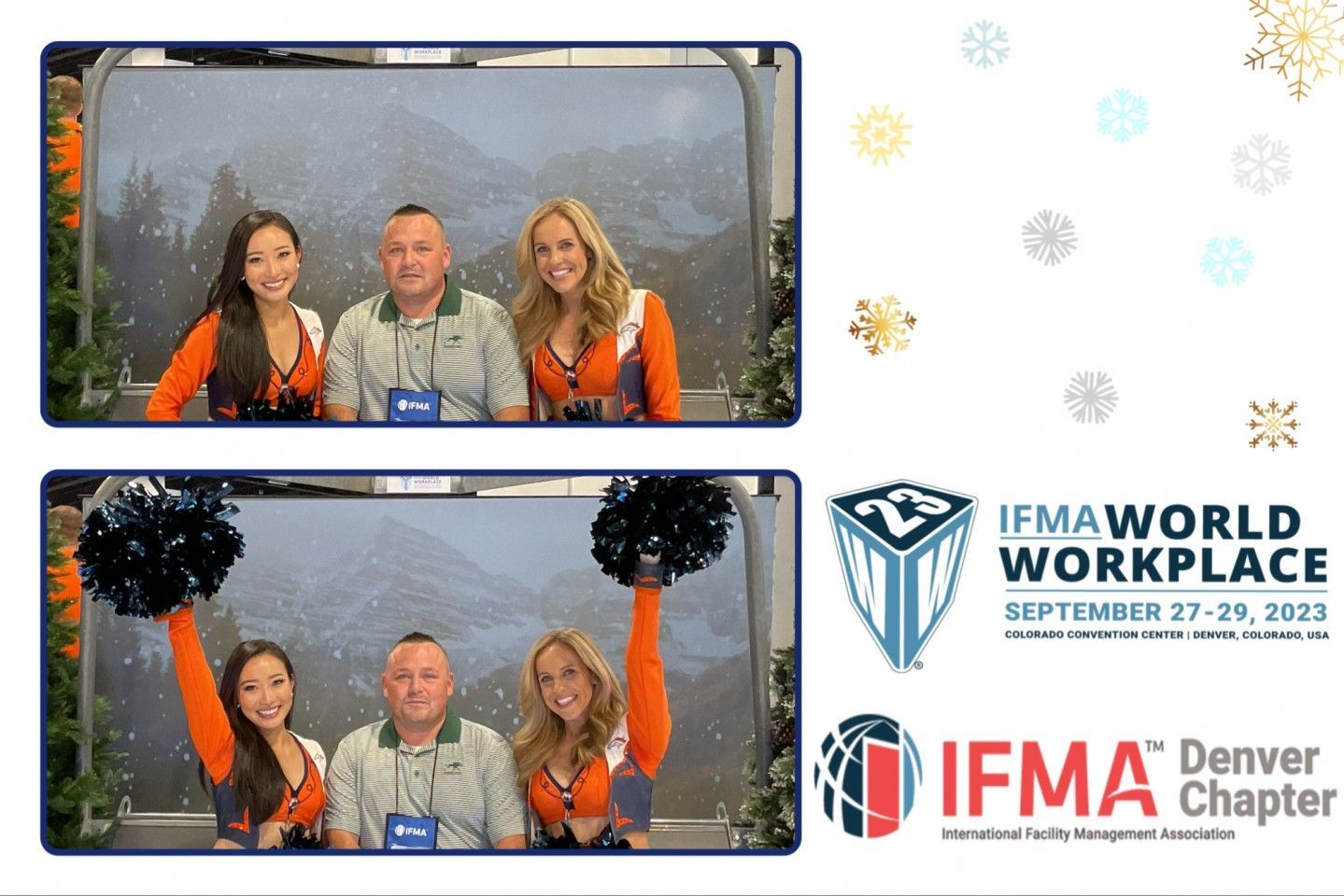 Photo booth shots with two cheerleaders and a man at an event; event logo on right.
