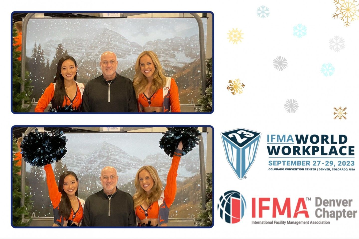 Two photos: people with Denver Broncos cheerleaders at IFMA World Workplace event, September 2023.