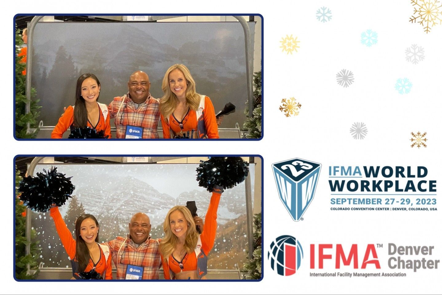 Two photos of people posing with a snowy mountain backdrop