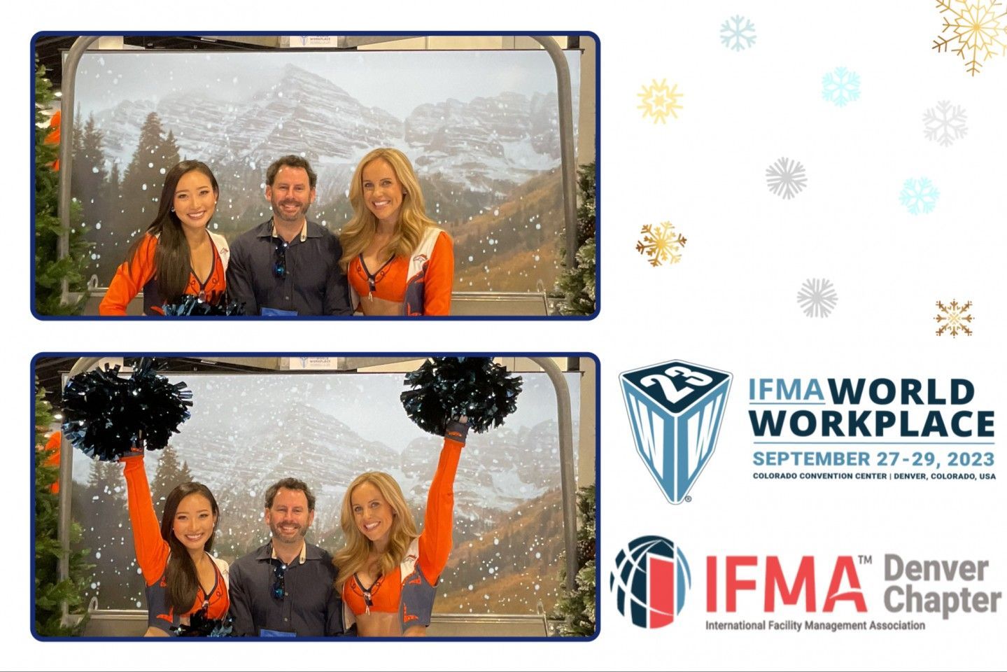 People pose in front of a snowy mountain backdrop.