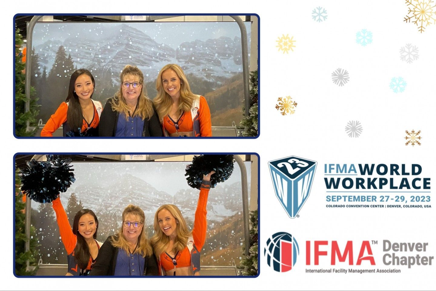 Two photos: three people in orange, smiling, against a mountain backdrop. One with pom-poms, event logos.