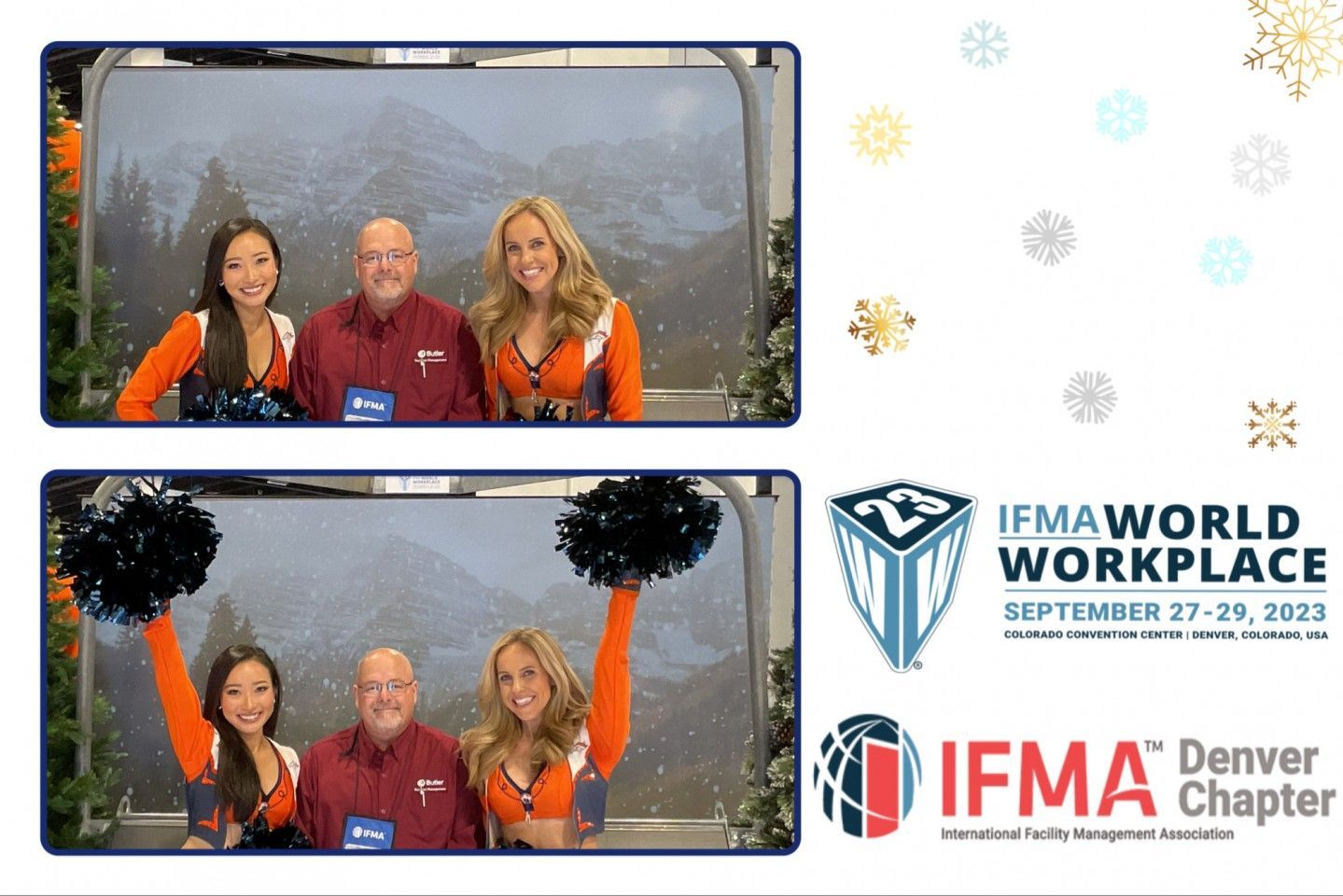 Two photos with a man and two cheerleaders in front of a snowy background. IFMA World Workplace event branding.