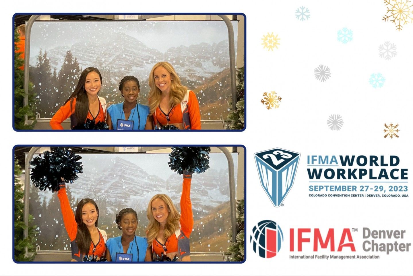 Cheerleaders in a cable car with snowy mountains. IFMA Workplace World logo and IFMA Denver Chapter logo.