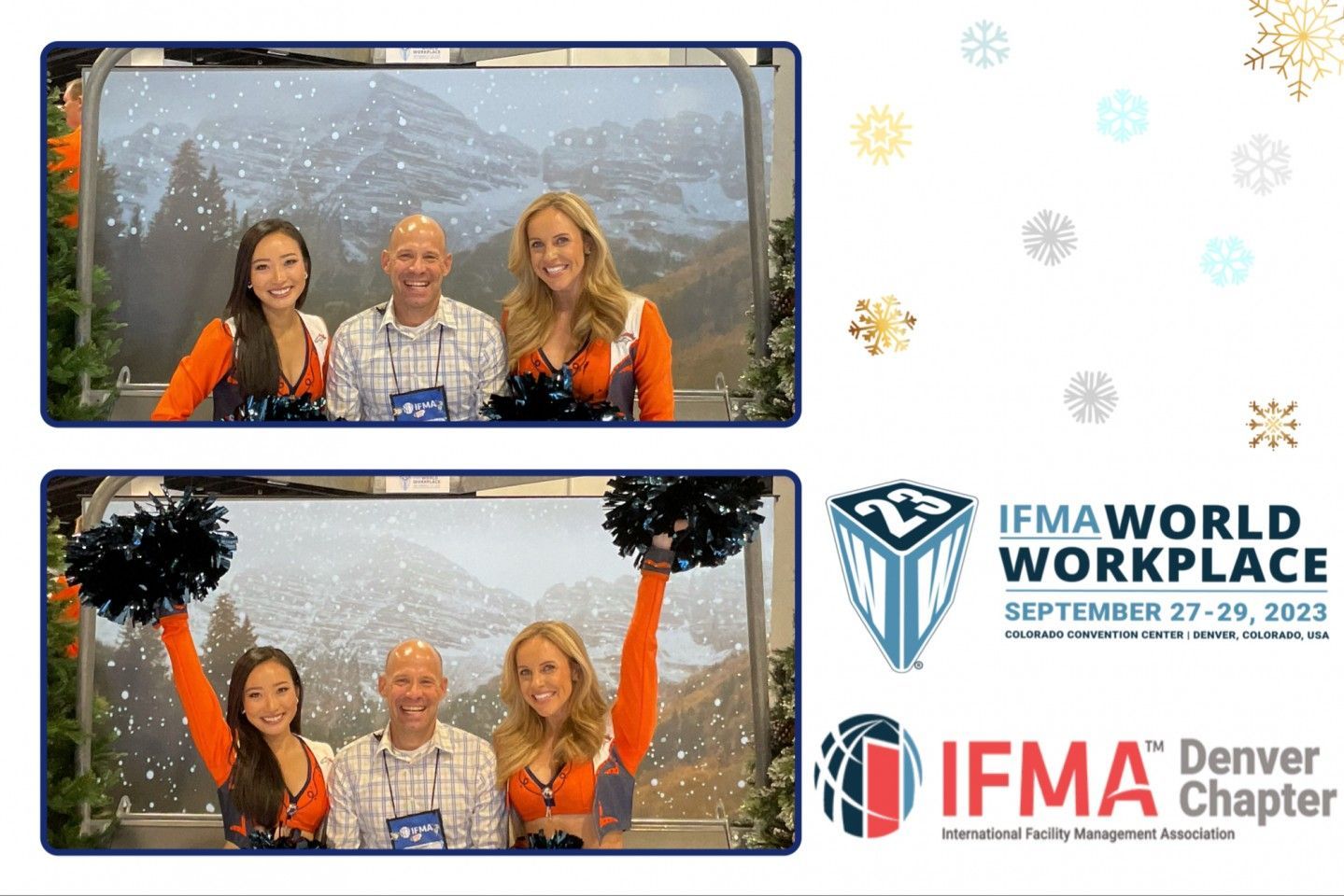 Two photos: three people posing with cheerleaders, snowy background; IFMA conference branding.