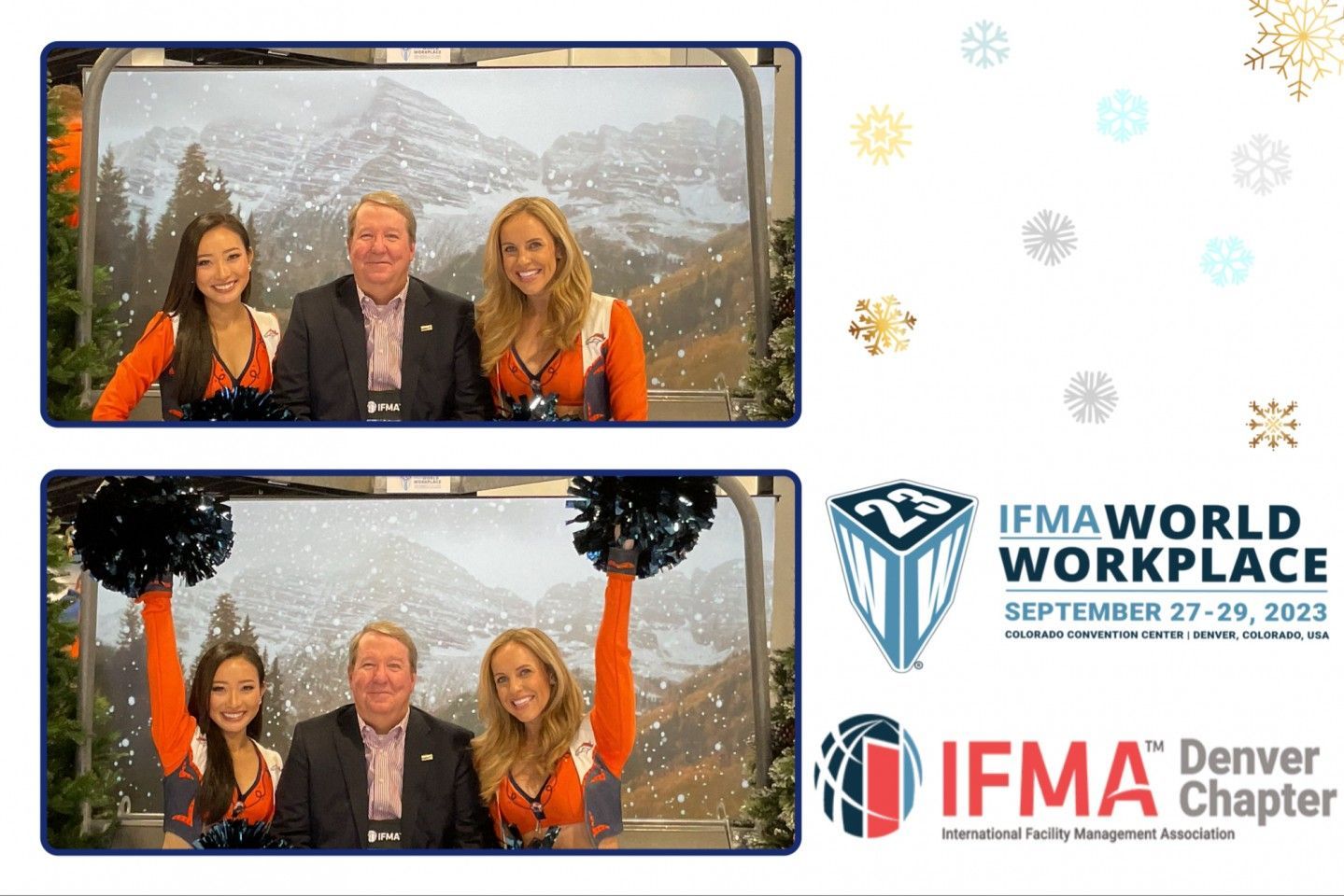 Two photos: People posing with cheerleaders in front of a snowy mountain backdrop, IFMA conference logo.