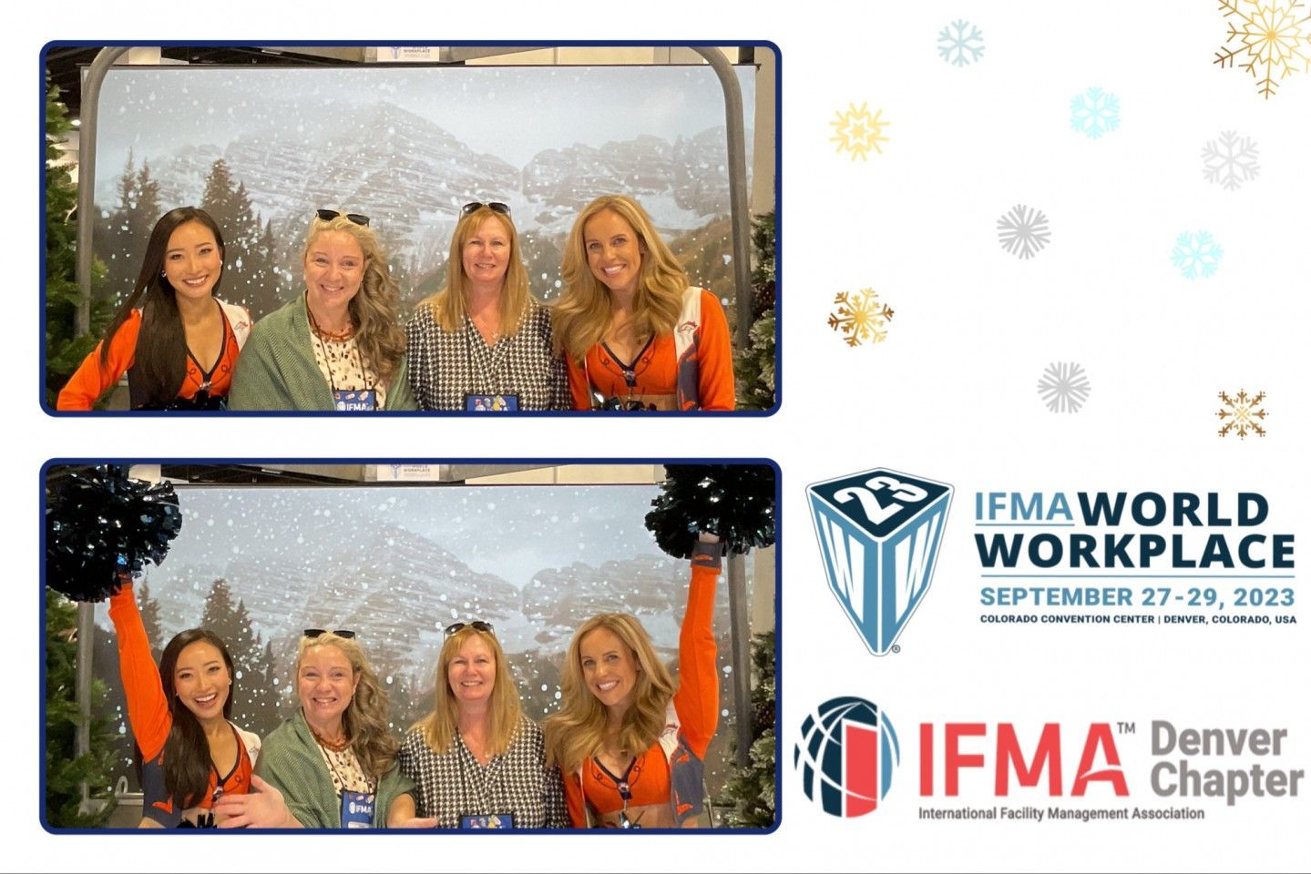 Photos of four women in front of a snowy mountain backdrop. IFMA World Workplace event logo.