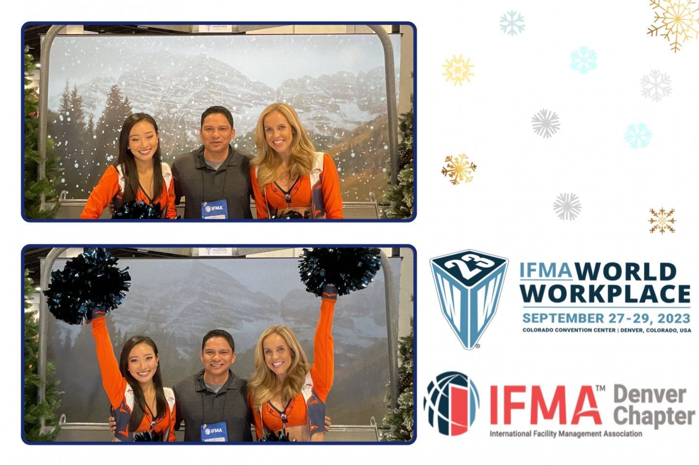 Two photos with three people posing in front of a snowy background.