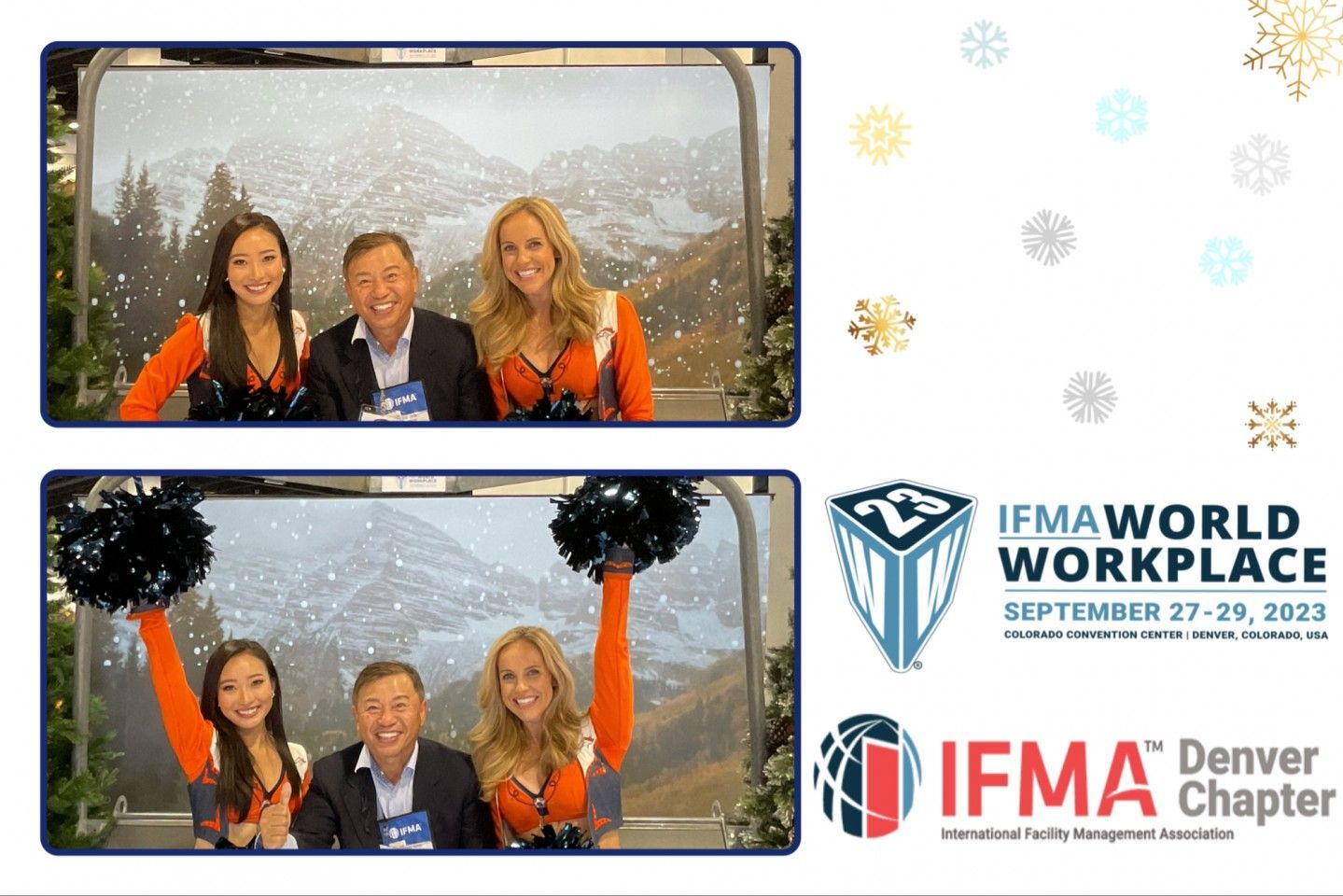 Two photo booth strips with people holding pom-poms; mountains in the background