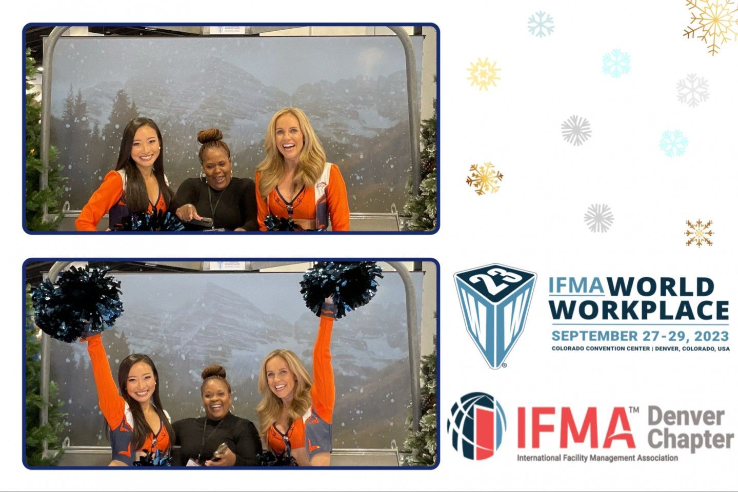 Two photos of women cheering with pom-poms; snowy mountain backdrop; IFMA Workplace event graphic.