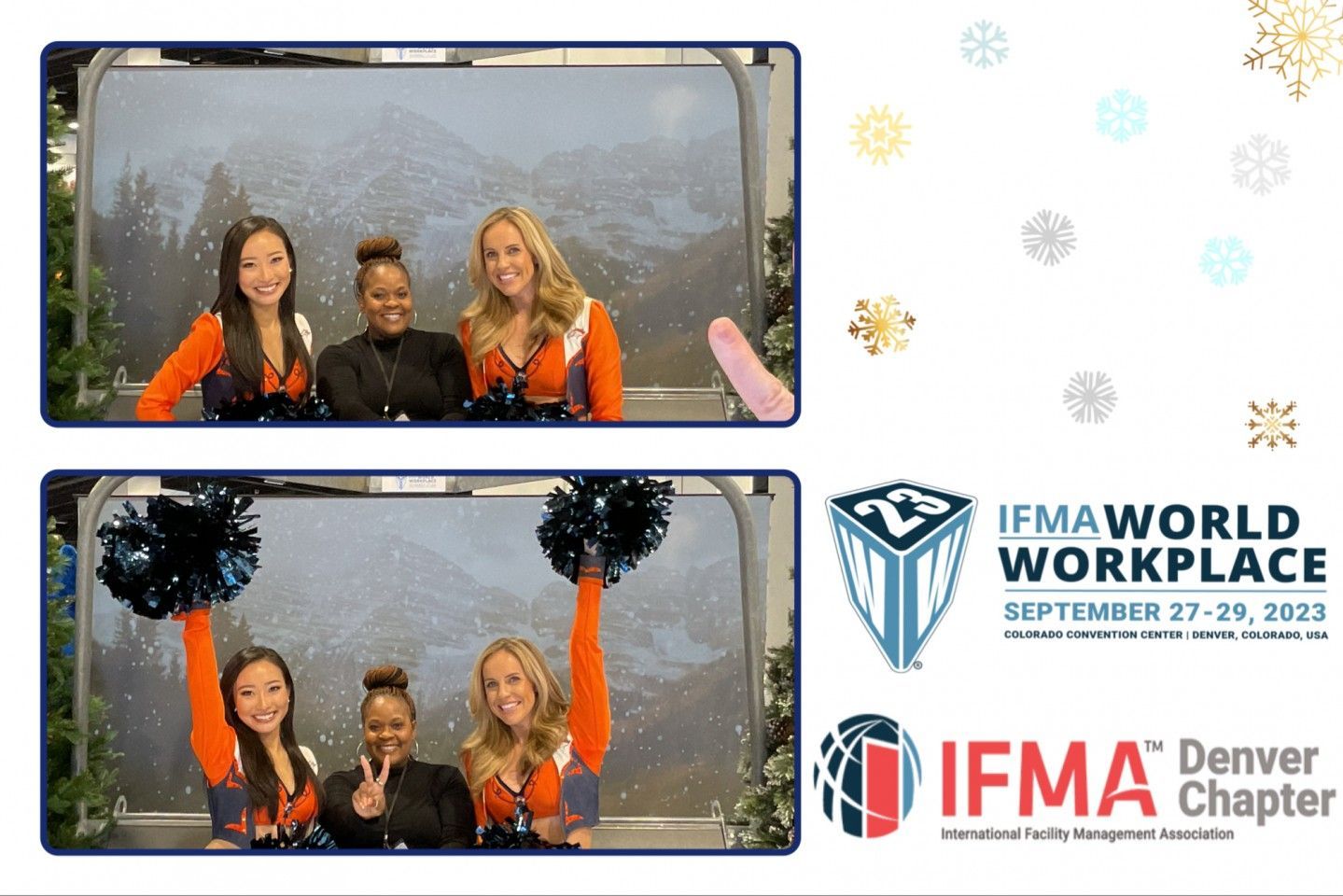 Two photos of cheerleaders with pom-poms; snow-themed backdrop. IFMA conference logo and Denver chapter logo.