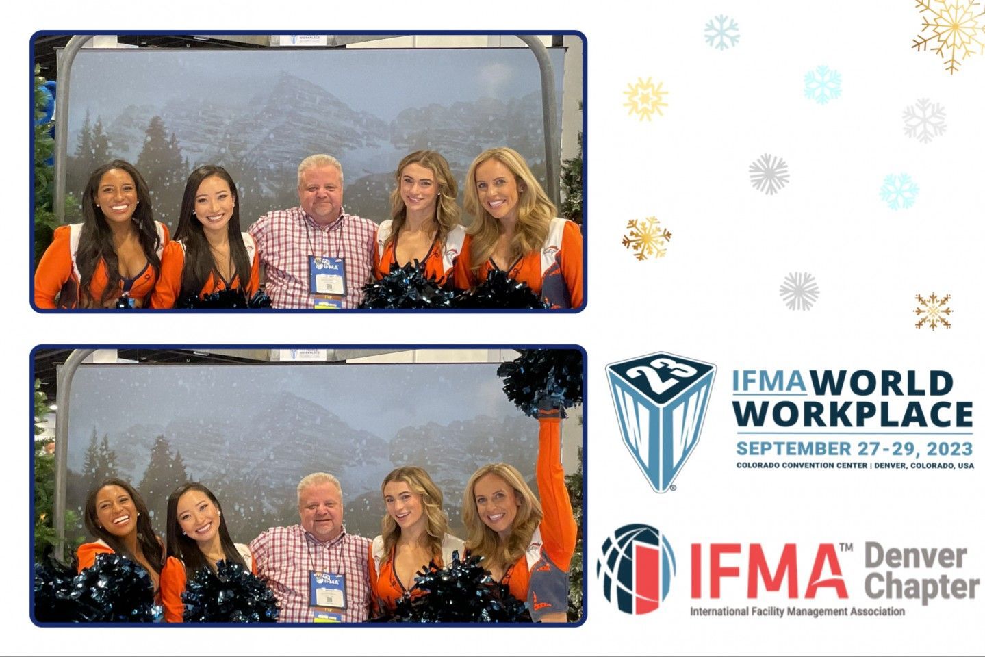 Photo booth shots at IFMA World Workplace, with people and snow backdrop, Denver Chapter.