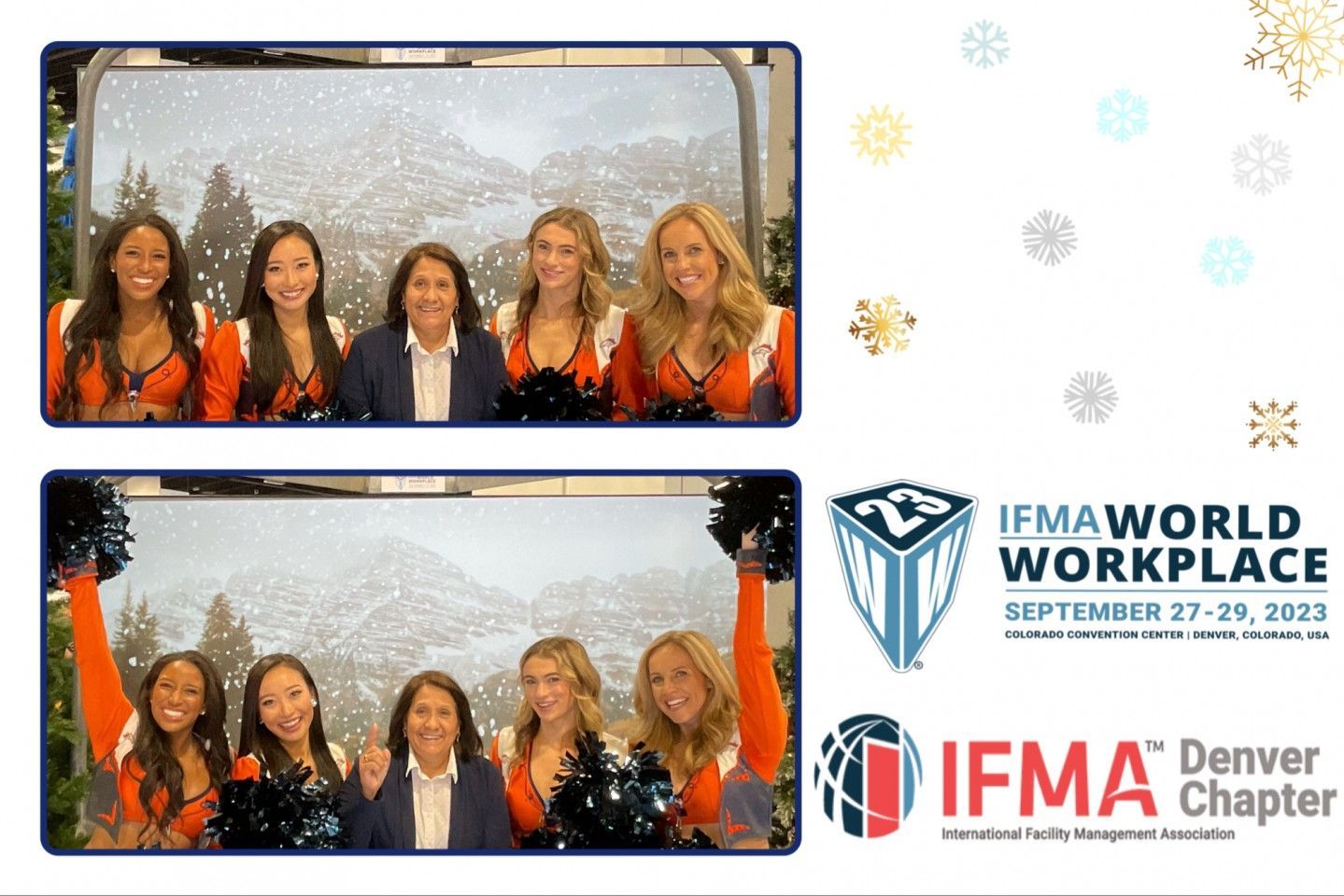 Two photos: Cheerleaders, woman in blazer, snowy mountain backdrop,