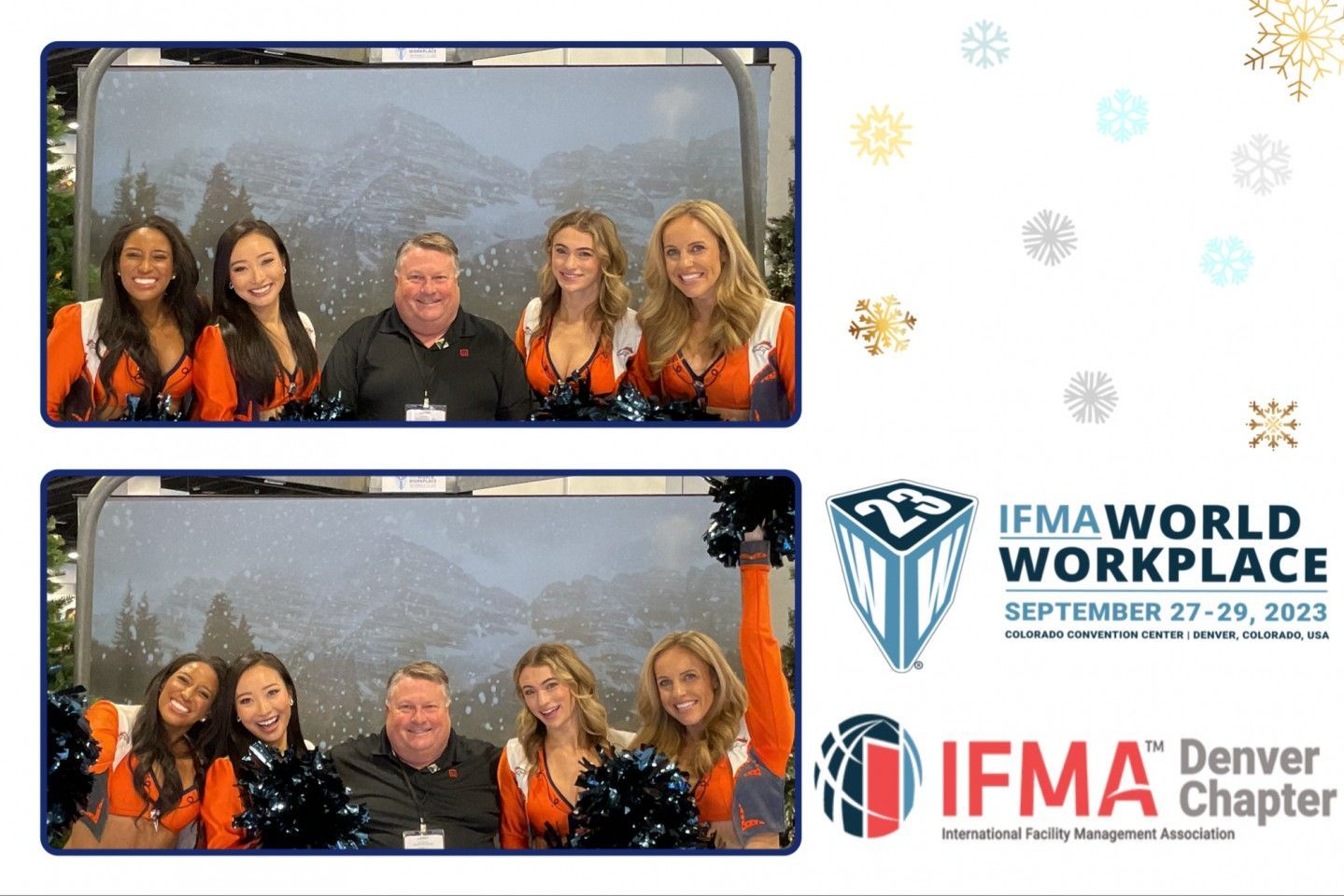 Two photo booth shots: group with Denver cheerleaders and an older man; IFMA Denver Chapter logo.