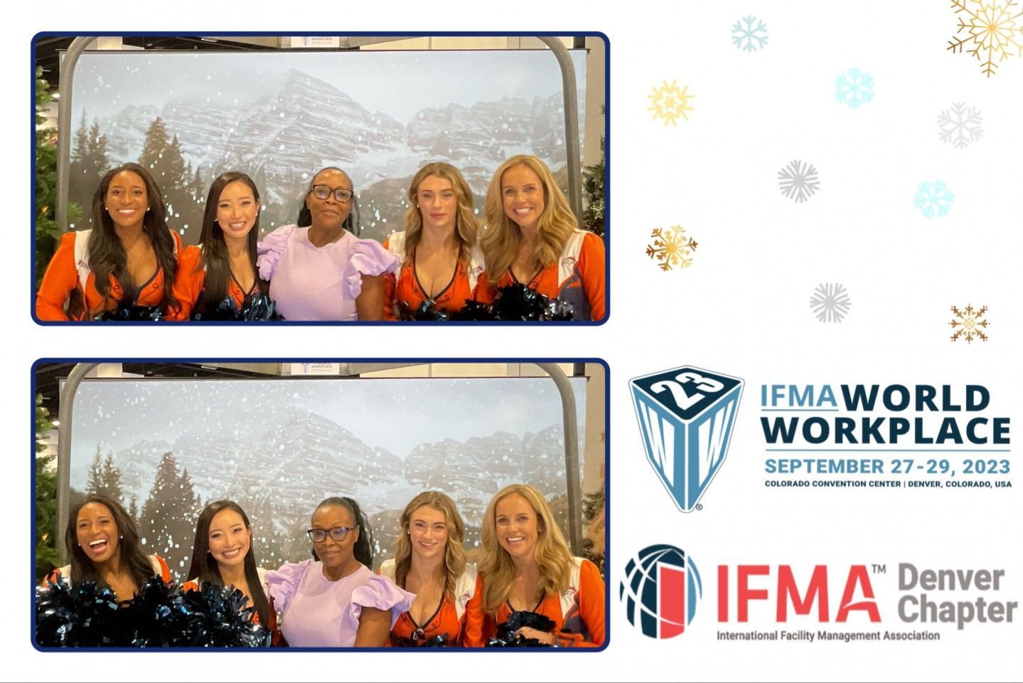 Two photo booth shots with women, snow backdrop, event logos.