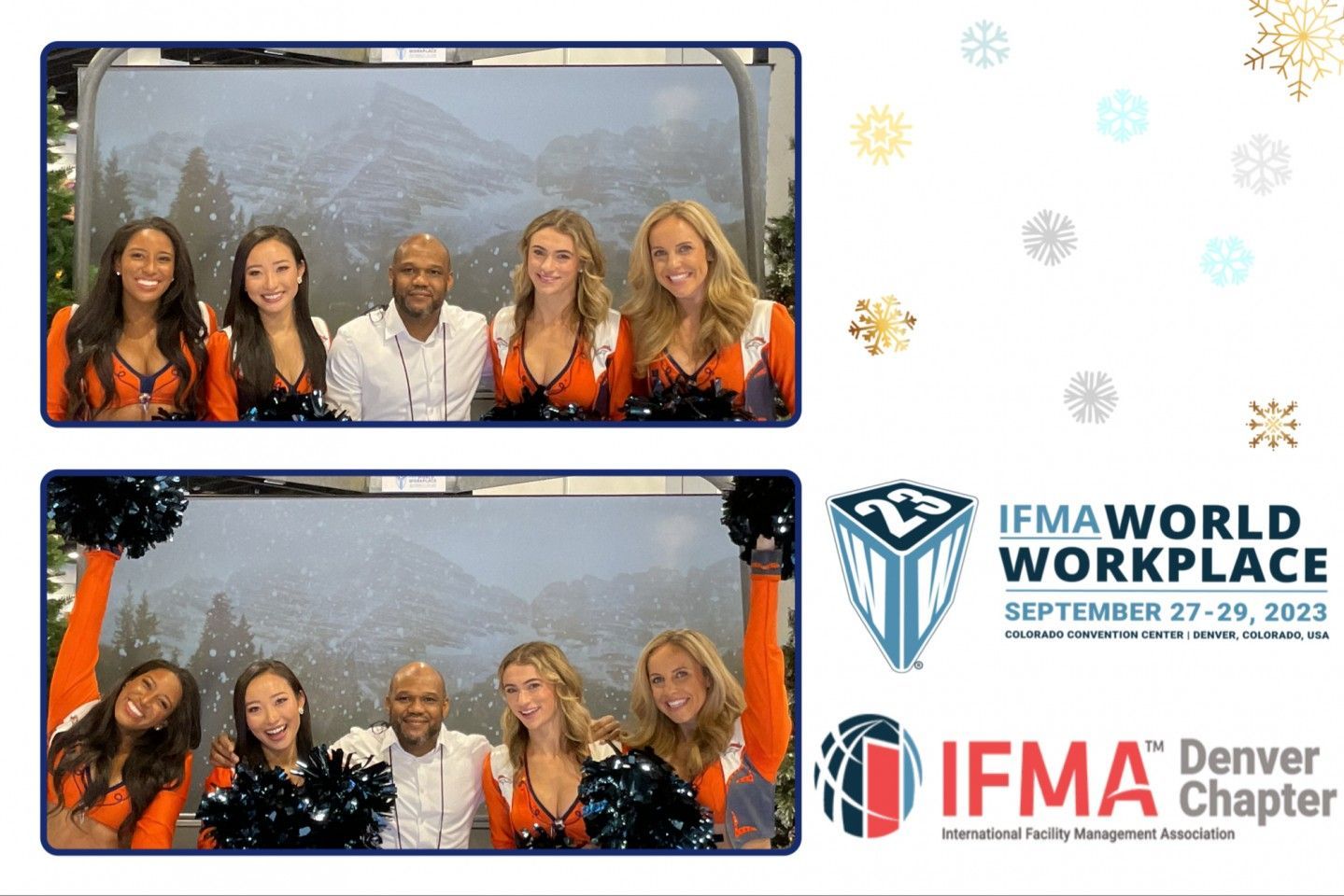 Two photo booth strips: People with cheerleaders at IFMA World Workplace event, Denver.