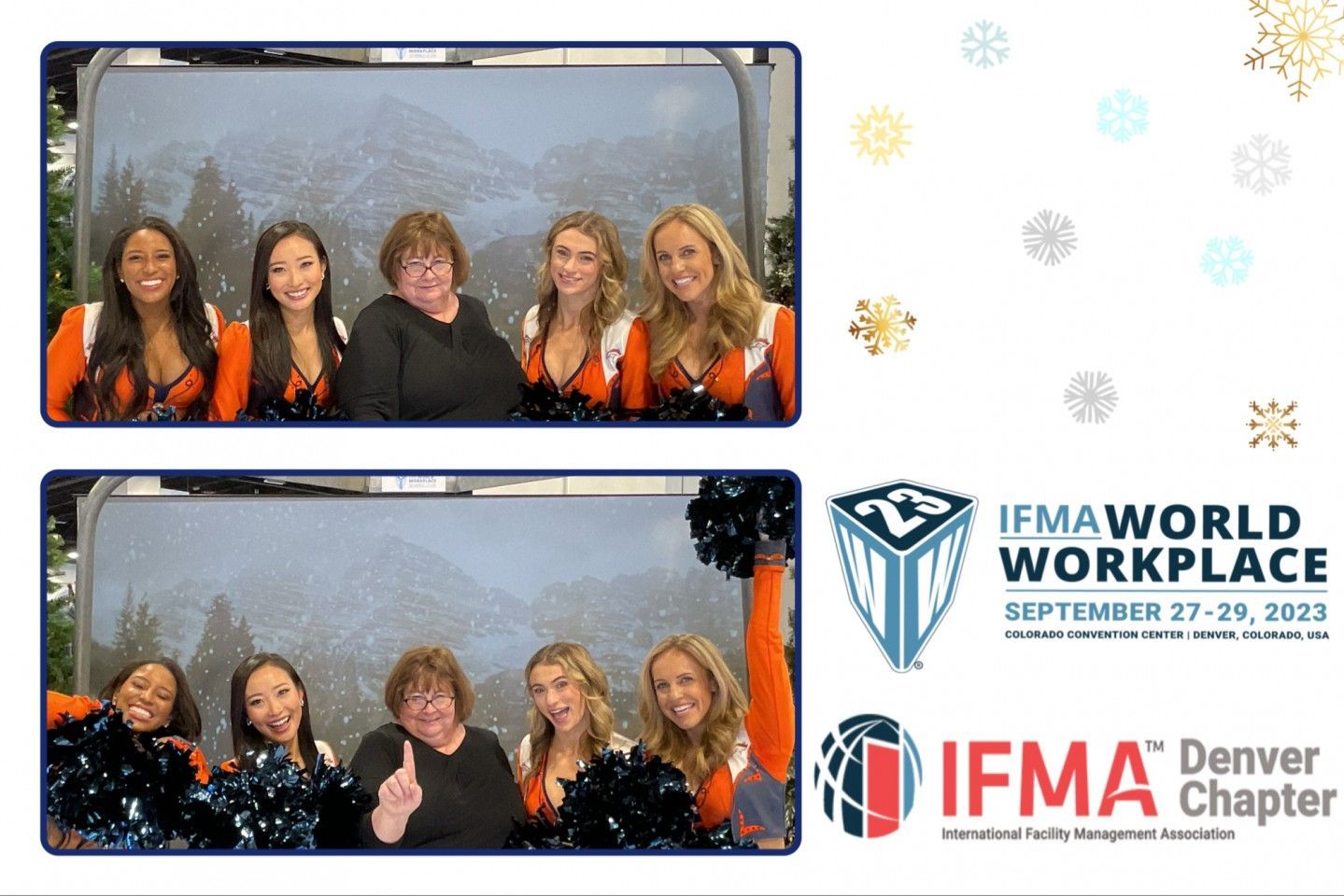 Photo booth shots: Woman with cheerleaders, snowy background, IFMA conference branding.