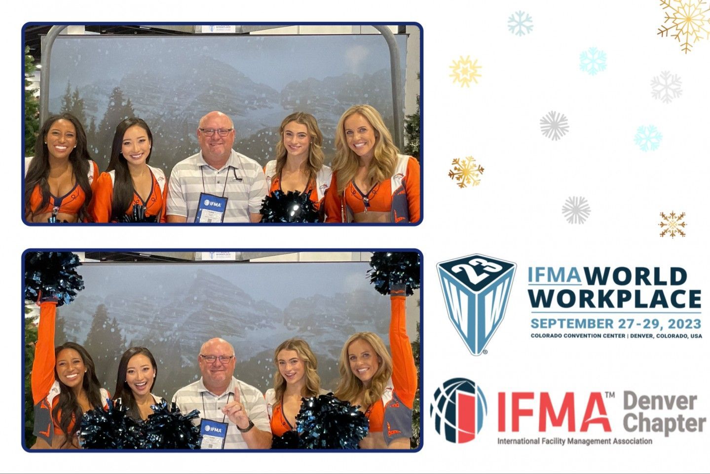 Photo booth images with people and cheerleaders at an IFMA World Workplace event, featuring logos and snowflakes.
