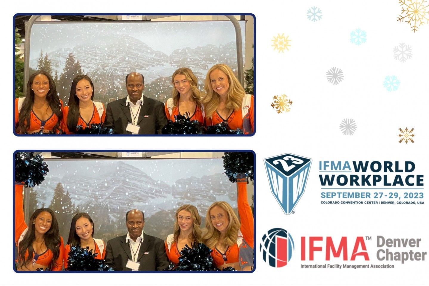 Two photo booth strips with people, snowy background, IFMA World Workplace event logo.