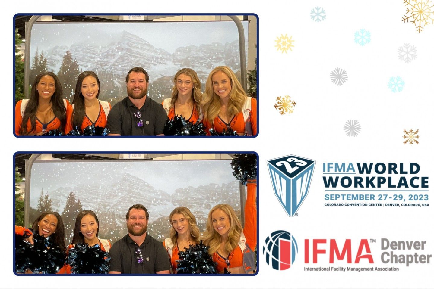 Two photo booth pictures with people and a Denver Broncos theme at the IFMA World Workplace event.