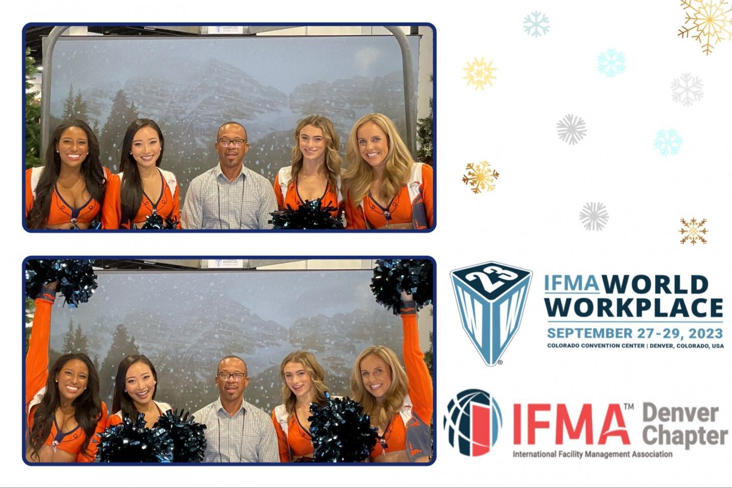 People with cheerleaders posing at the IFMA World Workplace event, with logo and snowflakes.