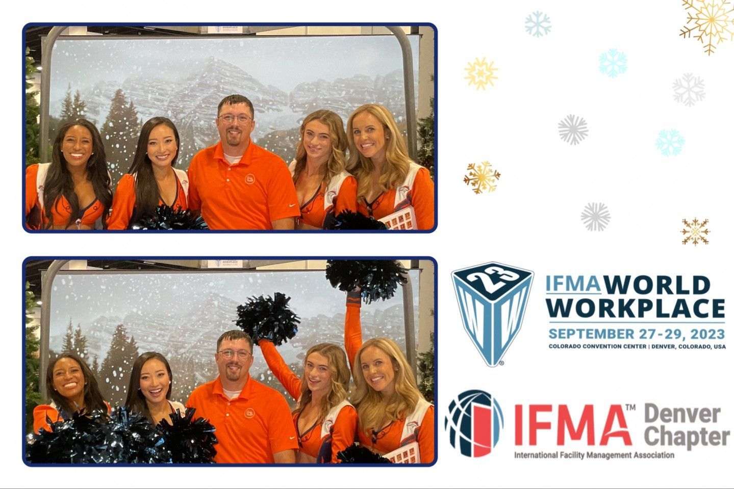 Two photo booth strips with people, including cheerleaders, in orange outfits, mountains in background, with event logo.