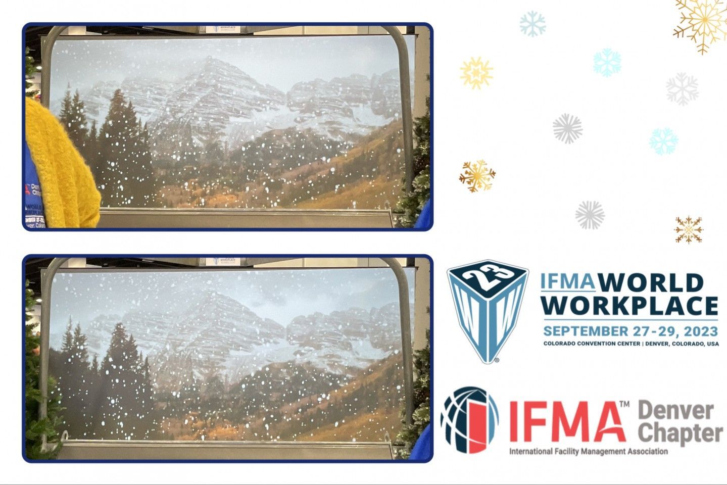 Two windows with a snowy mountain scene; IFMA World Workplace logo and Denver Chapter logo, snowflakes.