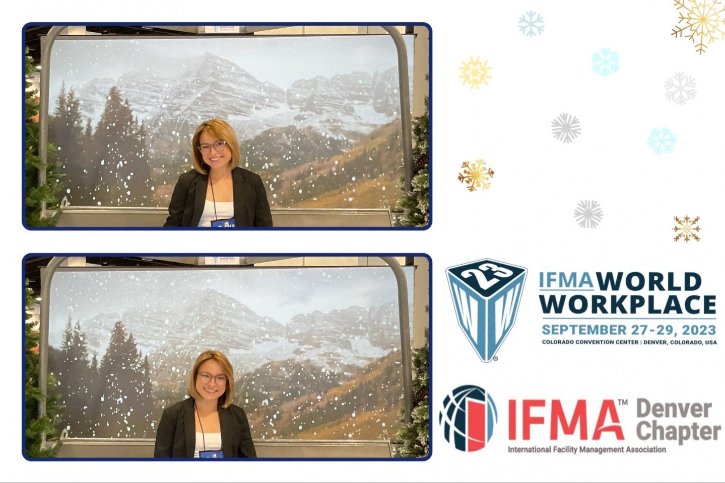 Two photos: Woman posing in front of snowy mountain backdrop