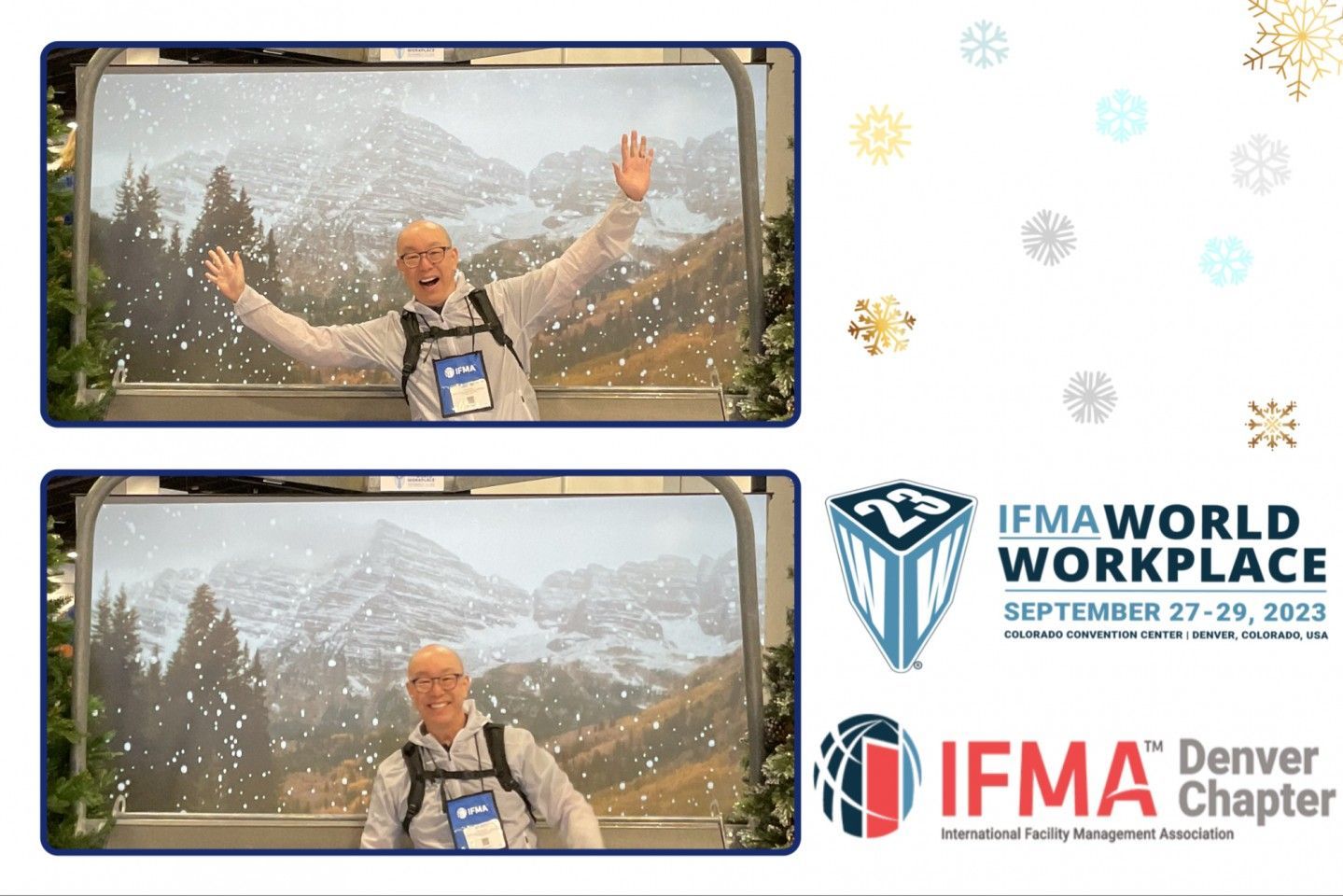 Man in window with snowy mountain backdrop, IFMA World Workplace event promotion.