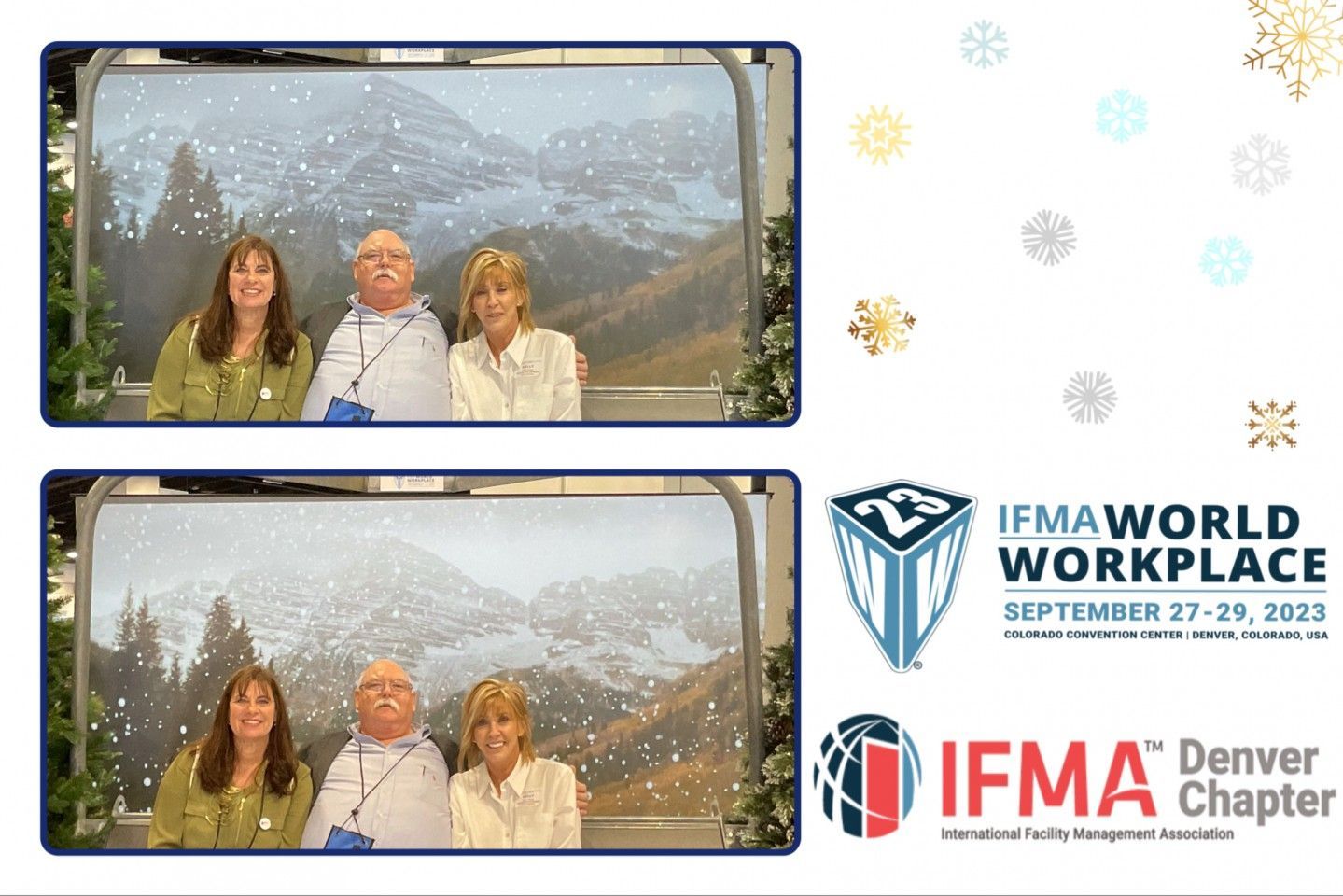 Two photos of three people in a snowy scene, with IFMA conference logos and snowflakes.