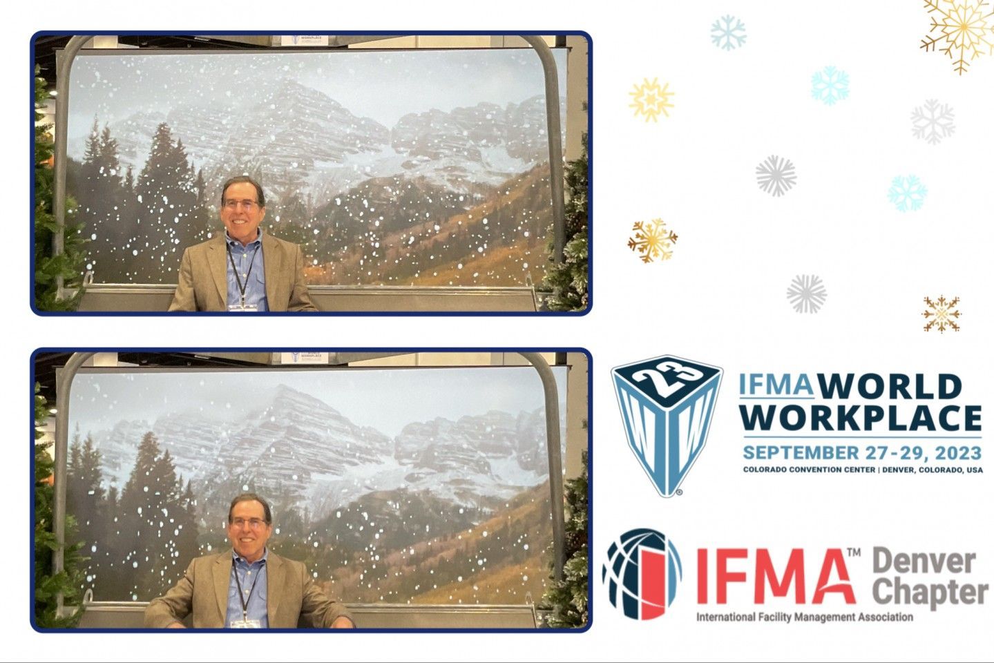 Man in front of a snowy mountain scene, with event logos for IFMA World Workplace and IFMA Denver Chapter.