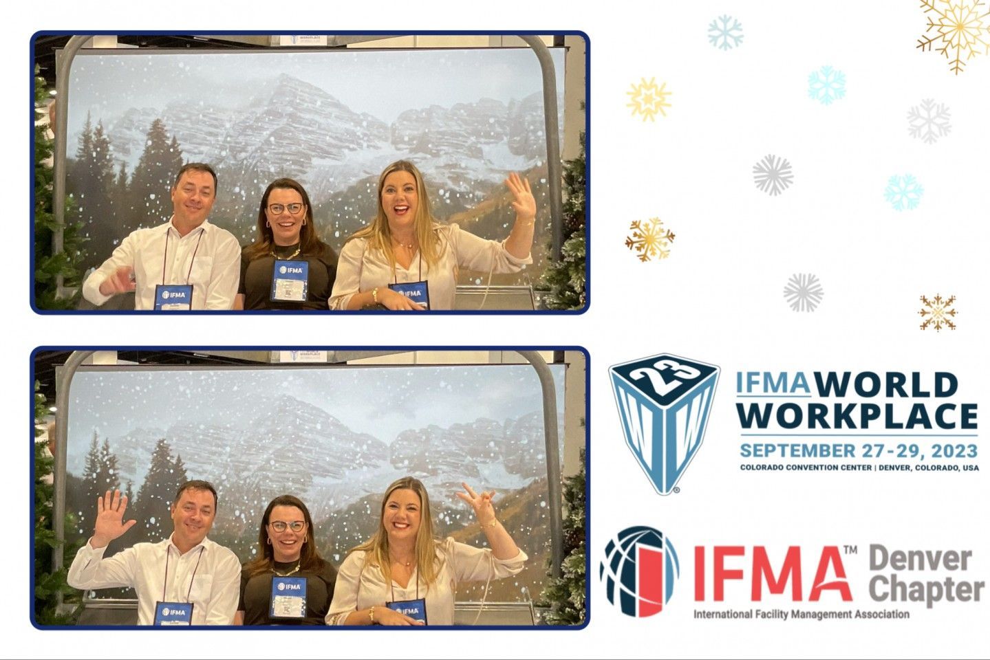 Photo booth photos. Three people wave with mountain background.